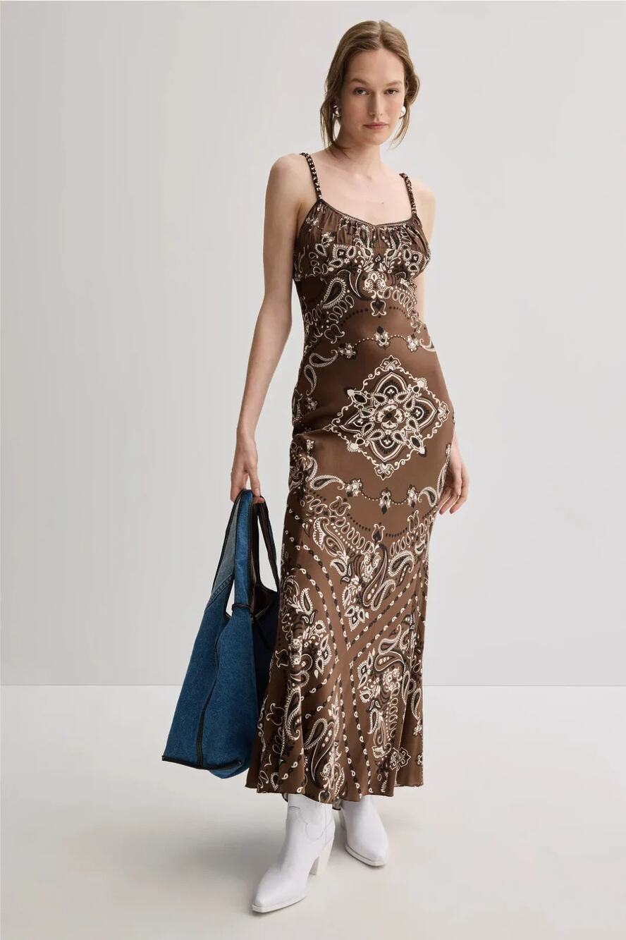 Sandro Brown and White Paisley Maxi Slip Dress SIZE US 10